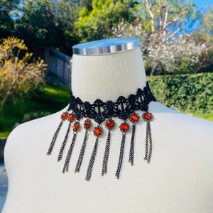 Adjustable Black and Ruby Red Victorian Lace Choker Necklace, Gothic Choker